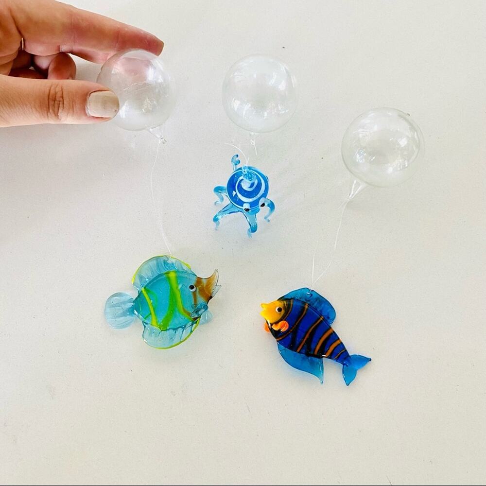 VINTAGE Blown Glass Floating Fish Tank Bubbles Figures Blue Yellow 90s Y2K Decor